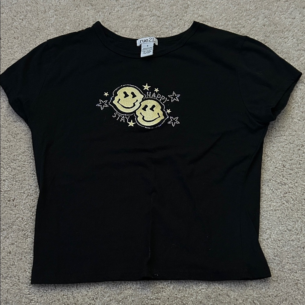 Rue21 Black Tee with Smiley Faces and Stars